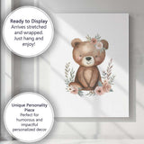 Cute Floral Woodland Bear Watercolour Nursery Animal Canvas Wall Art Print Decor Picture Ready to Hang