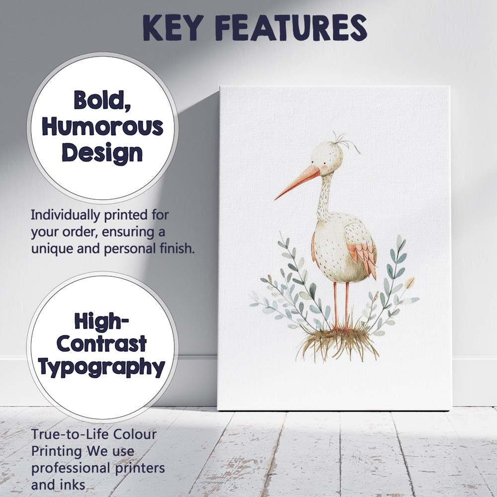Cute Standing Stork Watercolour Woodland Bird Nursery Illustration Canvas Wall Art Print Decor Picture Ready to Hang