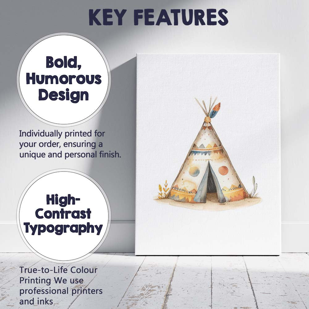 Boho Tribal Teepee Tent Watercolour Nursery Adventure Canvas Wall Art Print Decor Picture Ready to Hang