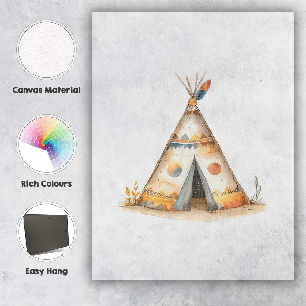 Boho Tribal Teepee Tent Watercolour Nursery Adventure Canvas Wall Art Print Decor Picture Ready to Hang