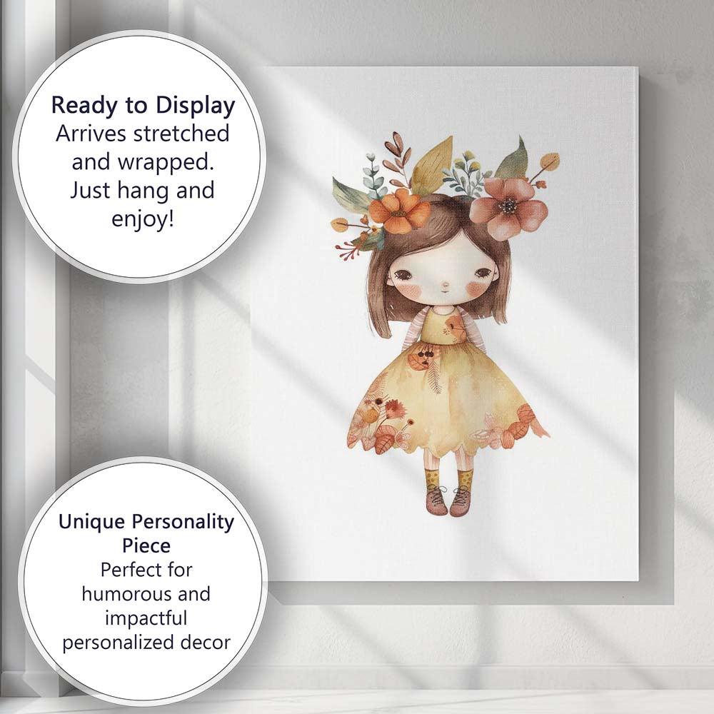 Cute Autumn Floral Little Girl Watercolour Nursery Illustration Canvas Wall Art Print Decor Picture Ready to Hang