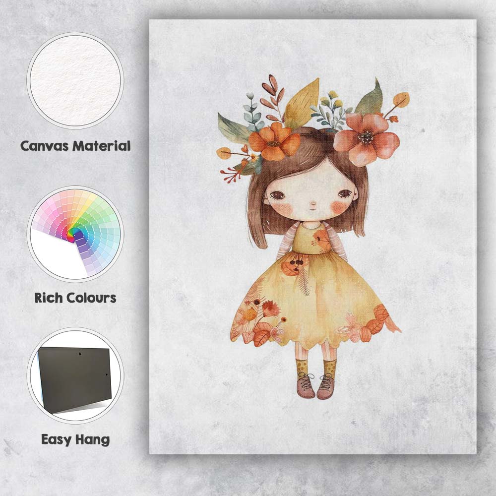 Cute Autumn Floral Little Girl Watercolour Nursery Illustration Canvas Wall Art Print Decor Picture Ready to Hang