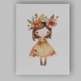 Cute Autumn Floral Little Girl Watercolour Nursery Illustration Canvas Wall Art Print Decor Picture Ready to Hang