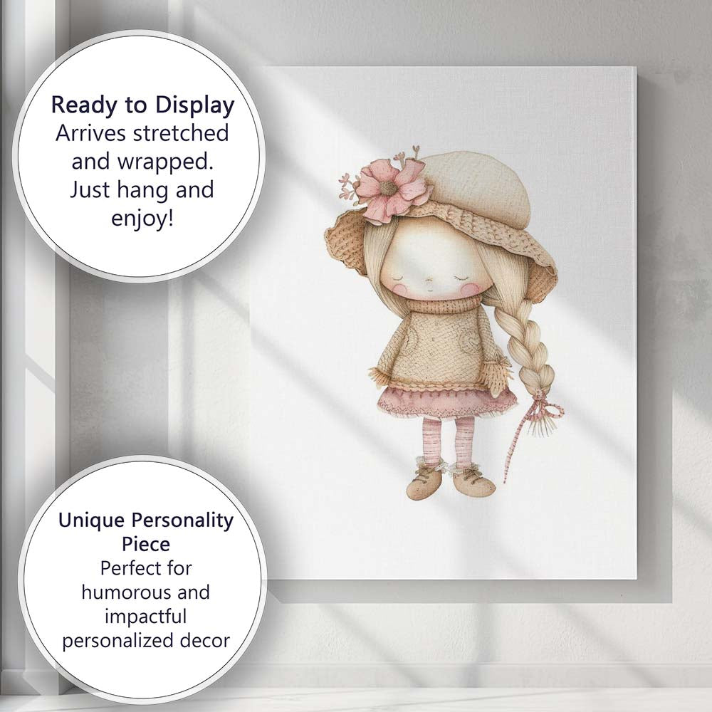 Cute Autumn Floral Bonnet Girl Watercolour Nursery Illustration Canvas Wall Art Print Decor Picture Ready to Hang