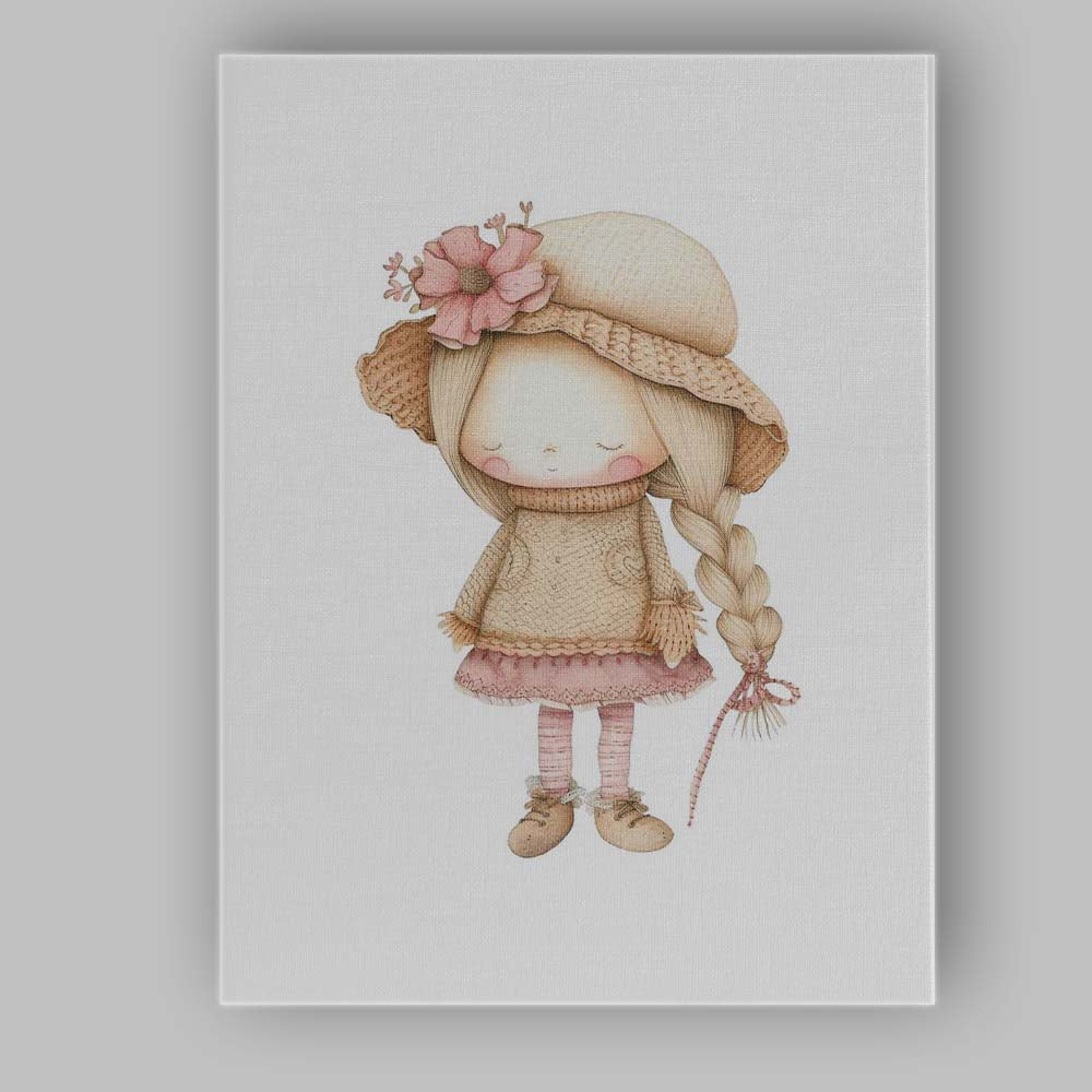 Cute Autumn Floral Bonnet Girl Watercolour Nursery Illustration Canvas Wall Art Print Decor Picture Ready to Hang