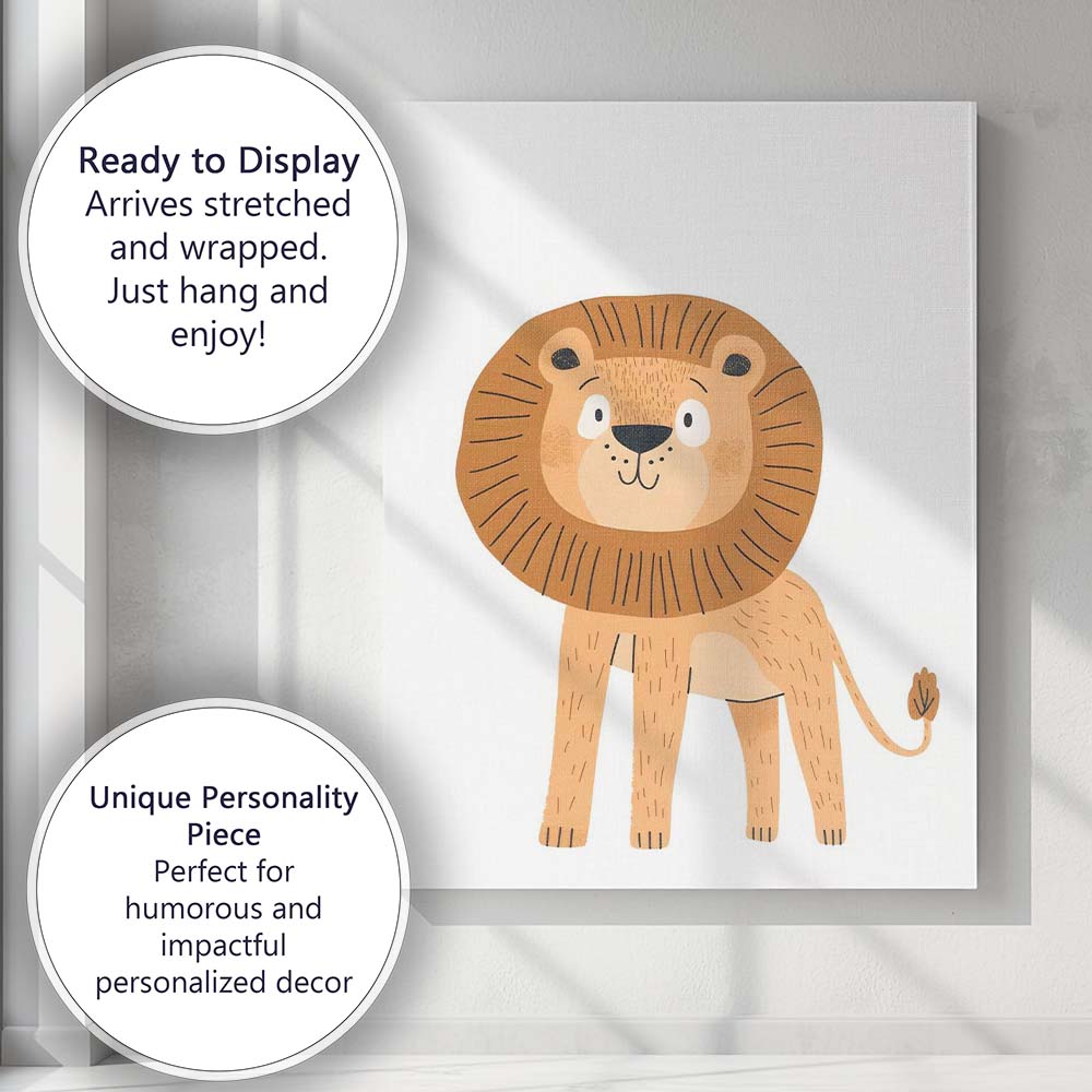 Cute Smiling Lion Jungle Nursery Illustration Canvas Wall Art Print Decor Picture Ready to Hang