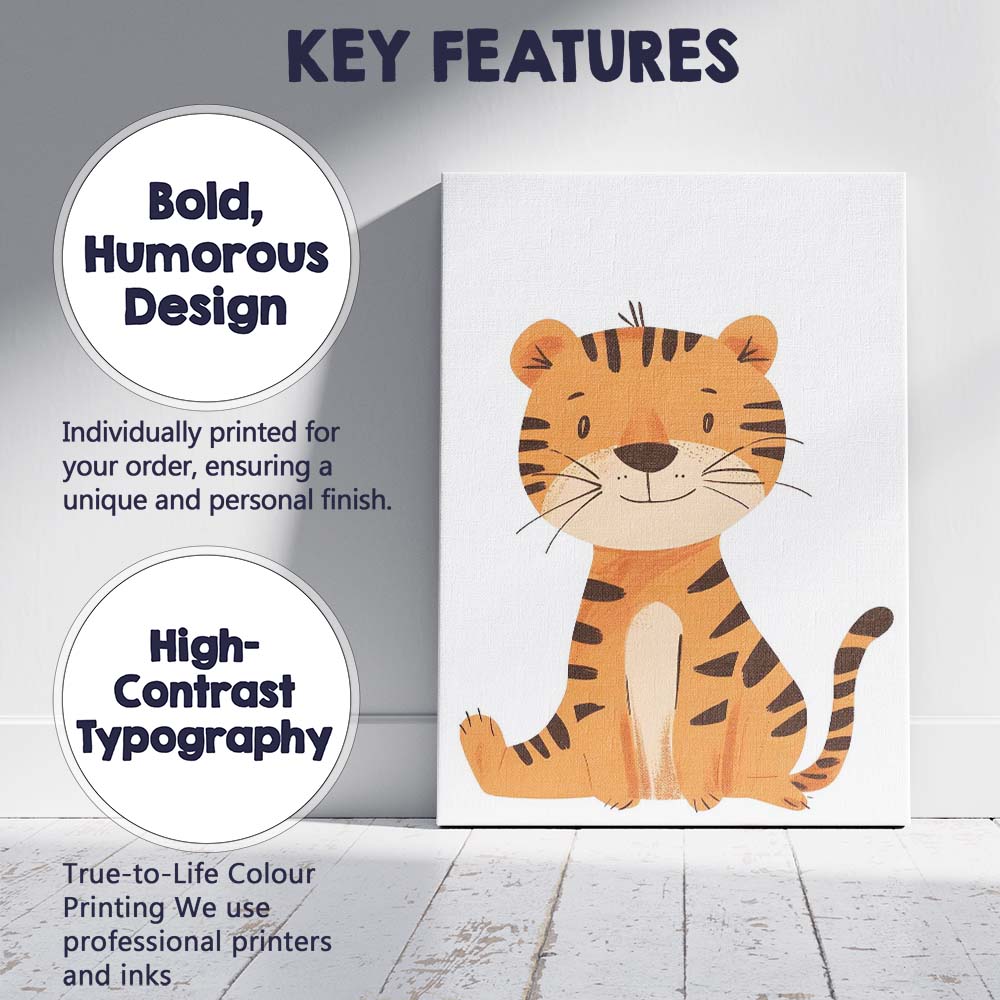 Cute Smiling Tiger Jungle Nursery Animal Illustration Canvas Wall Art Print Decor Picture Ready to Hang