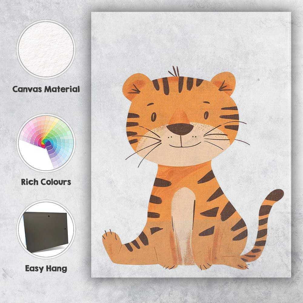 Cute Smiling Tiger Jungle Nursery Animal Illustration Canvas Wall Art Print Decor Picture Ready to Hang