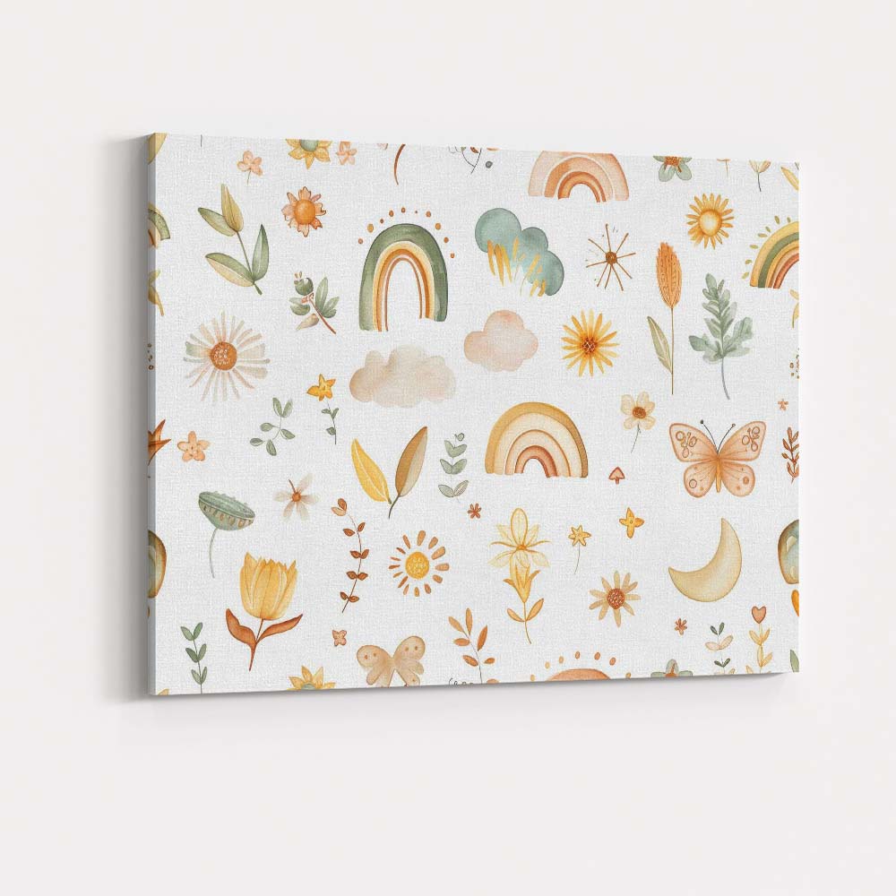 Boho Watercolour Rainbow Floral Botanical Repeat Pattern Canvas Wall Art Print Decor Picture Ready to Hang
