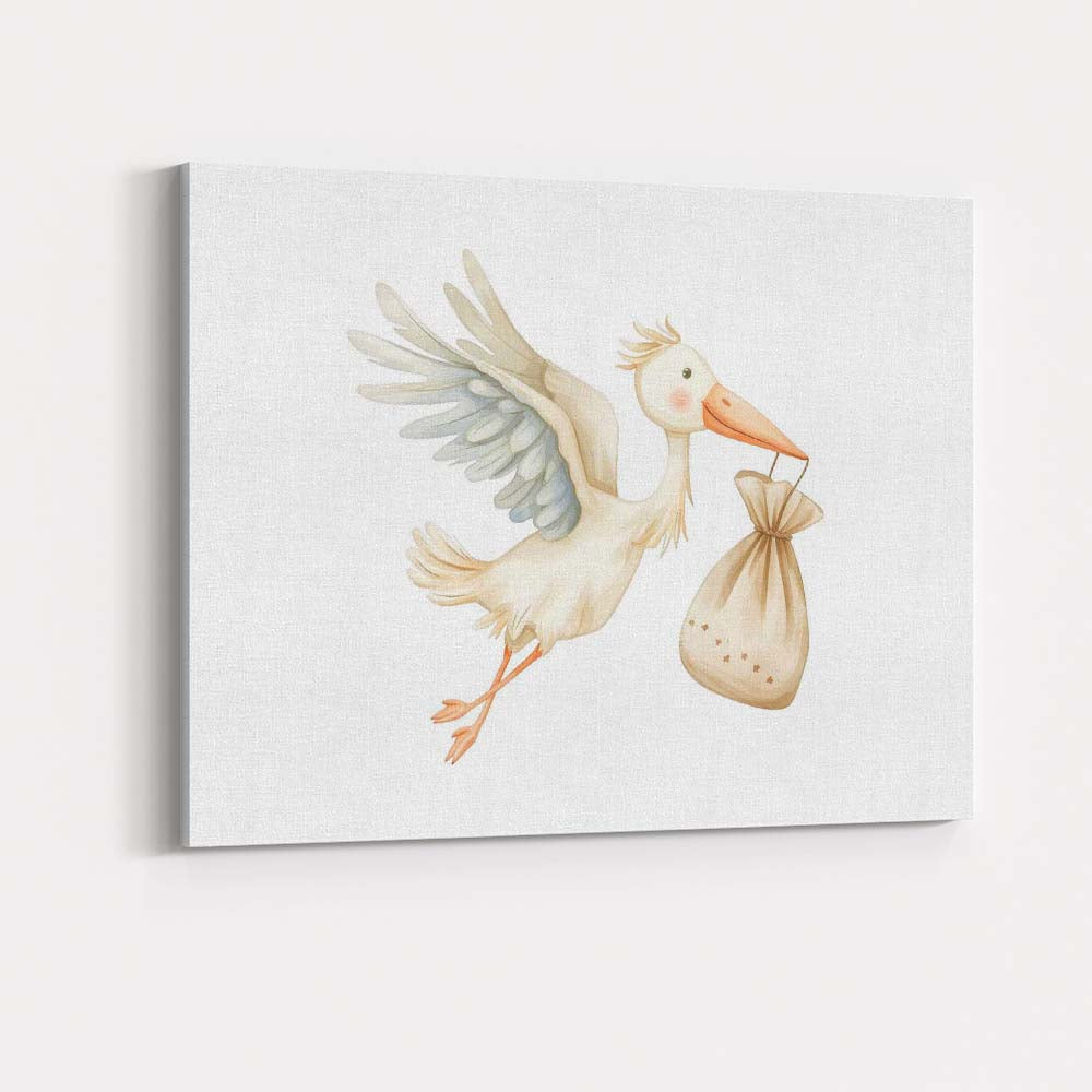 Cute Flying Stork Carrying Baby Bundle Watercolour Nursery Illustration Canvas Wall Art Print Decor Picture Ready to Hang