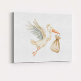 Cute Flying Stork Carrying Baby Bundle Watercolour Nursery Illustration Canvas Wall Art Print Decor Picture Ready to Hang