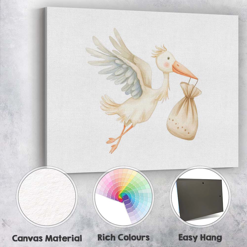 Cute Flying Stork Carrying Baby Bundle Watercolour Nursery Illustration Canvas Wall Art Print Decor Picture Ready to Hang