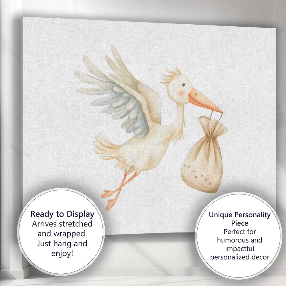 Cute Flying Stork Carrying Baby Bundle Watercolour Nursery Illustration Canvas Wall Art Print Decor Picture Ready to Hang
