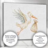 Cute Flying Stork Carrying Baby Bundle Watercolour Nursery Illustration Canvas Wall Art Print Decor Picture Ready to Hang