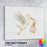 Cute Flying Stork Carrying Baby Bundle Watercolour Nursery Illustration Canvas Wall Art Print Decor Picture Ready to Hang