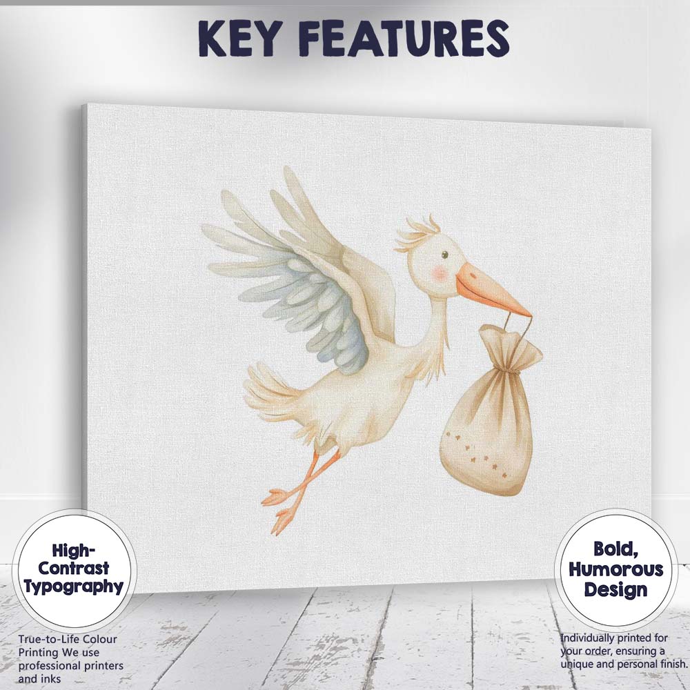 Cute Flying Stork Carrying Baby Bundle Watercolour Nursery Illustration Canvas Wall Art Print Decor Picture Ready to Hang
