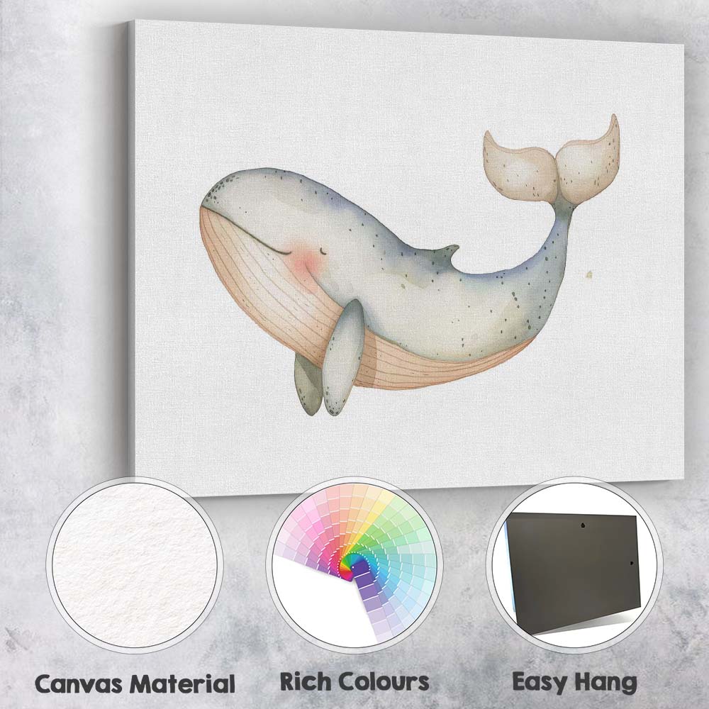 Cute Sleeping Blue Whale Watercolour Nursery Illustration Canvas Wall Art Print Decor Picture Ready to Hang