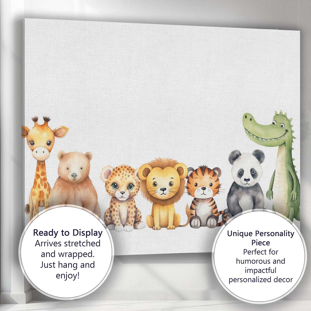 Cute Safari Jungle Animals Nursery Border Watercolour Illustration Canvas Wall Art Print Decor Picture Ready to Hang