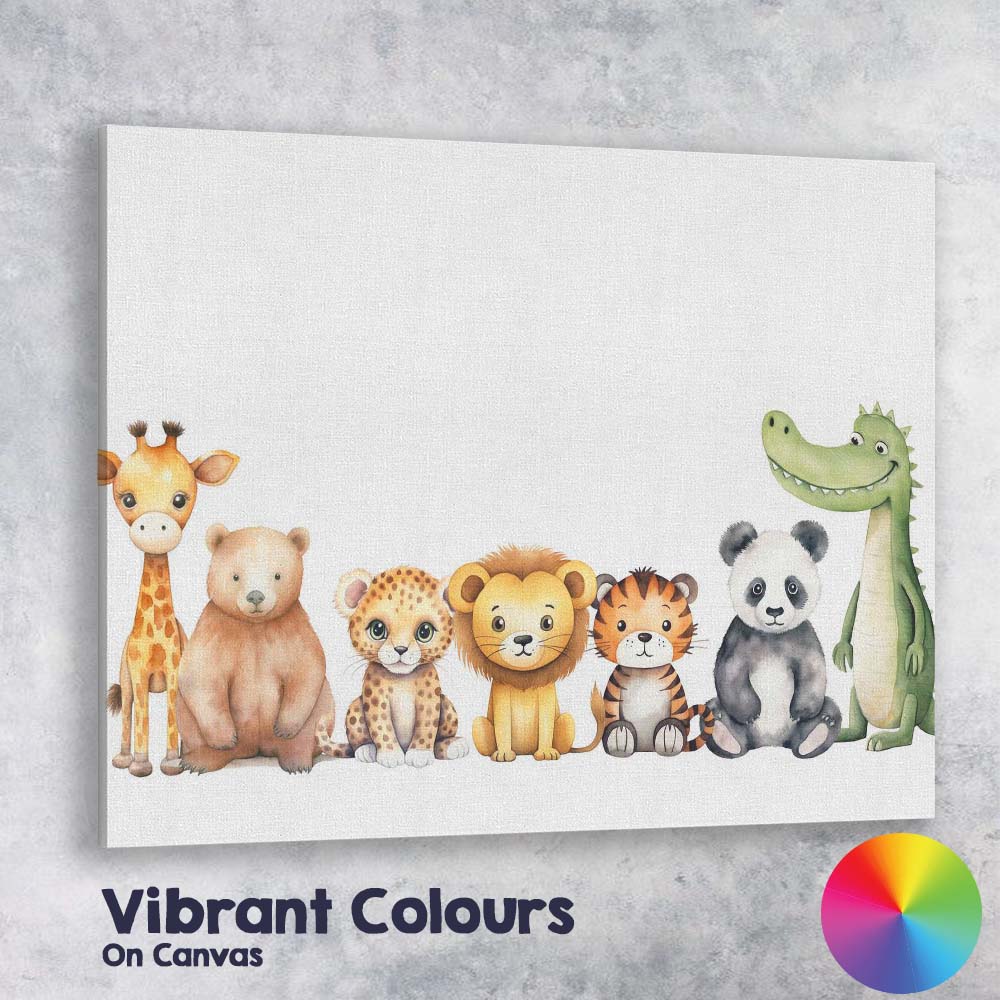 Cute Safari Jungle Animals Nursery Border Watercolour Illustration Canvas Wall Art Print Decor Picture Ready to Hang