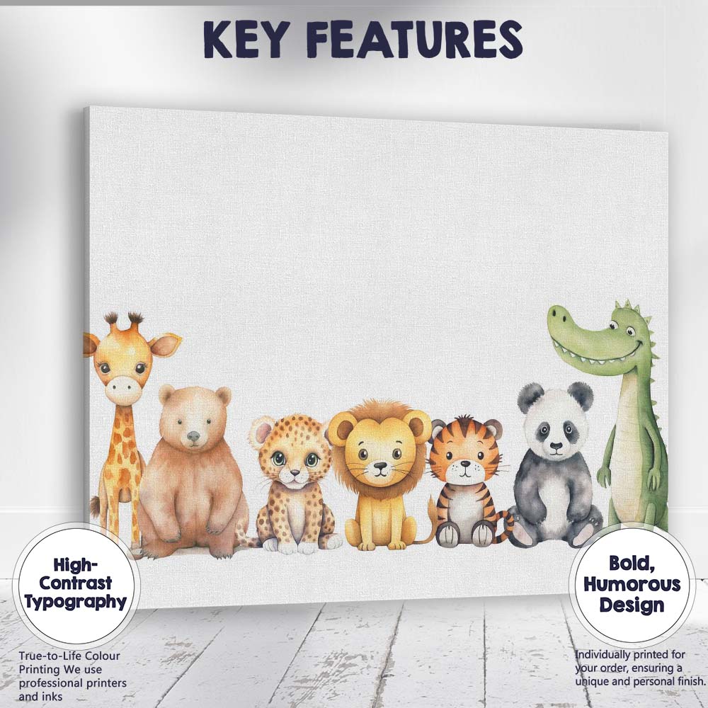 Cute Safari Jungle Animals Nursery Border Watercolour Illustration Canvas Wall Art Print Decor Picture Ready to Hang