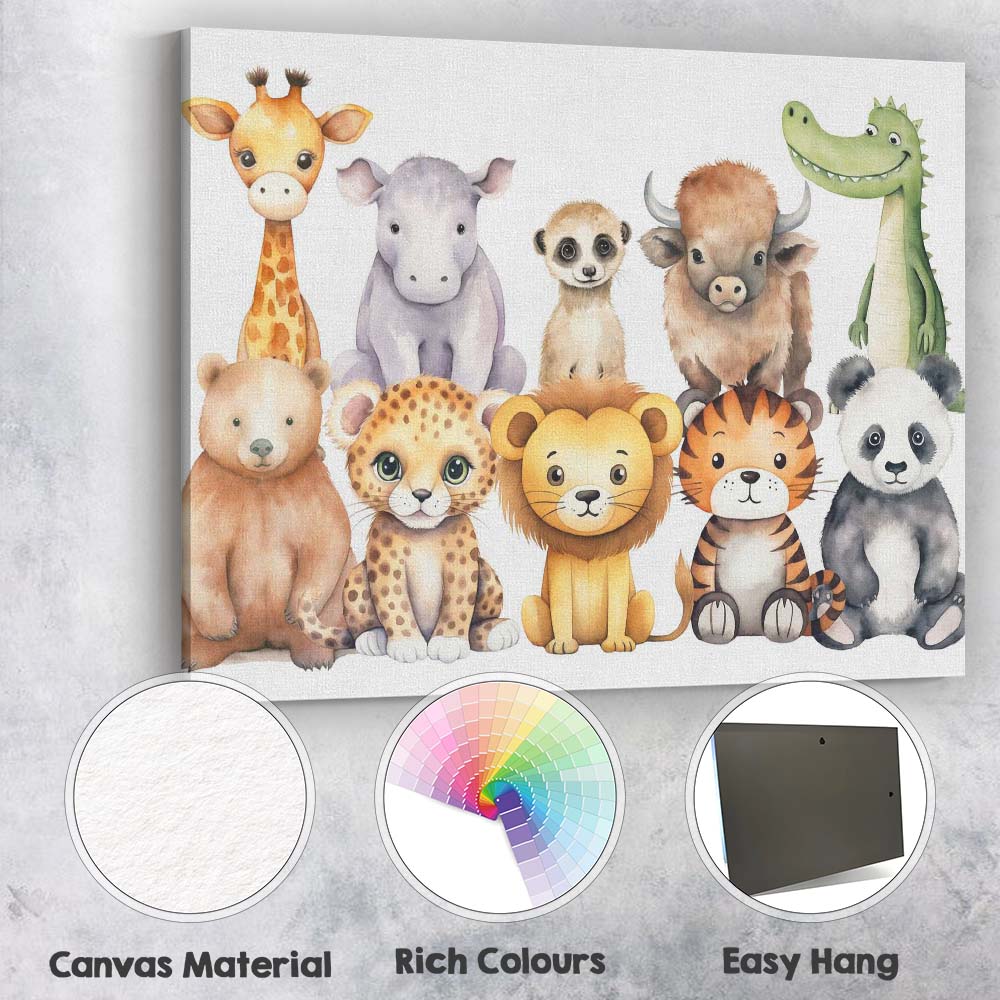 Cute Safari Baby Animals Collection Watercolour Nursery Illustration Canvas Wall Art Print Decor Picture Ready to Hang
