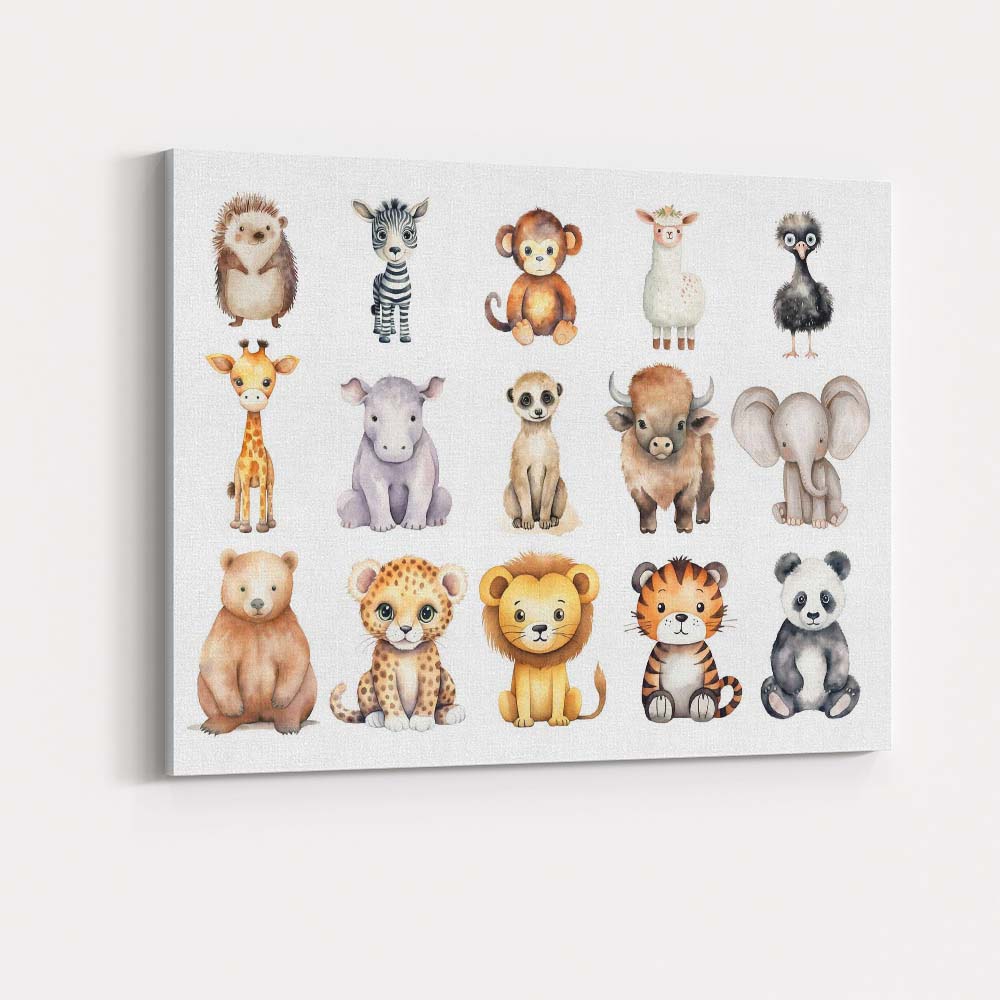 Cute Woodland And Safari Baby Animals Set Watercolour Illustration Canvas Wall Art Print Decor Picture Ready to Hang