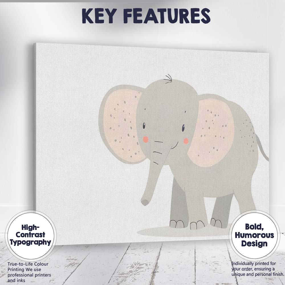 Cute Grey Baby Elephant Nursery Illustration Canvas Wall Art Print Decor Picture Ready to Hang