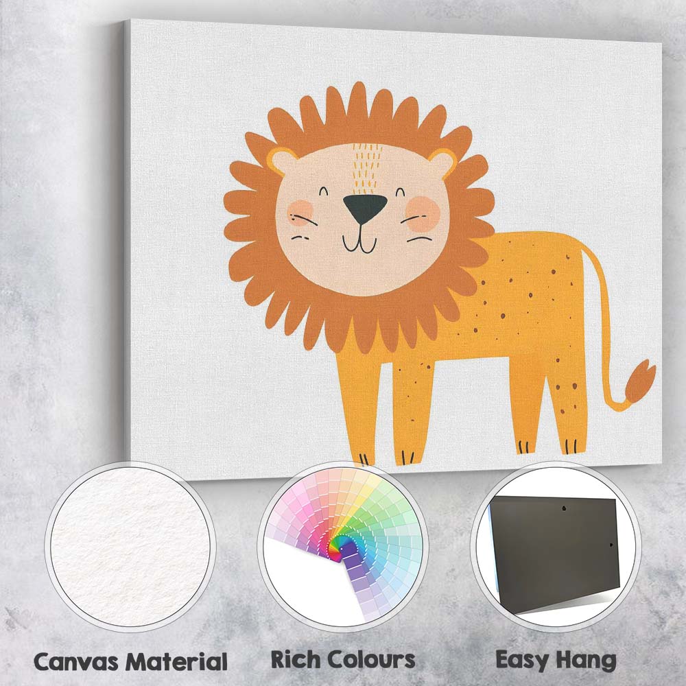 Cute Smiling Lion Nursery Animal Illustration Canvas Wall Art Print Decor Picture Ready to Hang