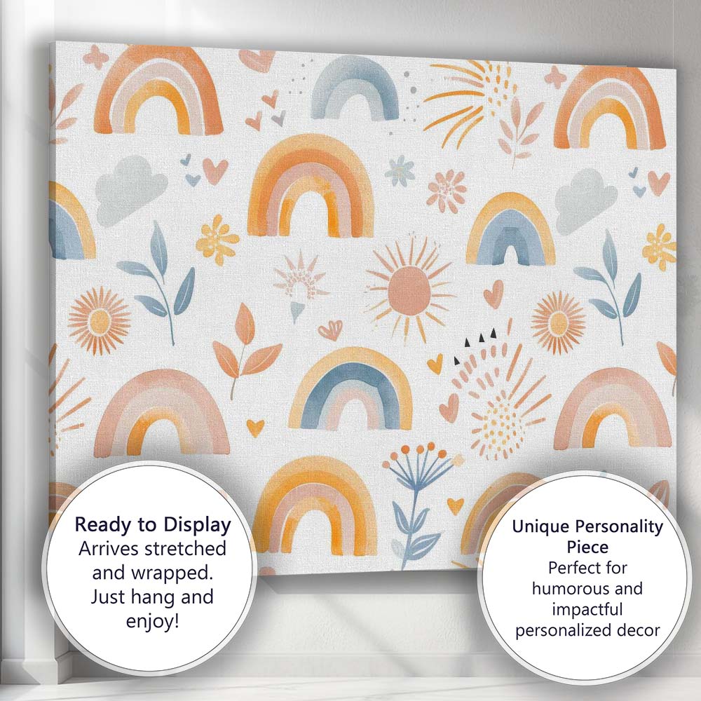 Boho Blue Orange Rainbow Sunshine Nursery Pattern Canvas Wall Art Print Decor Picture Ready to Hang