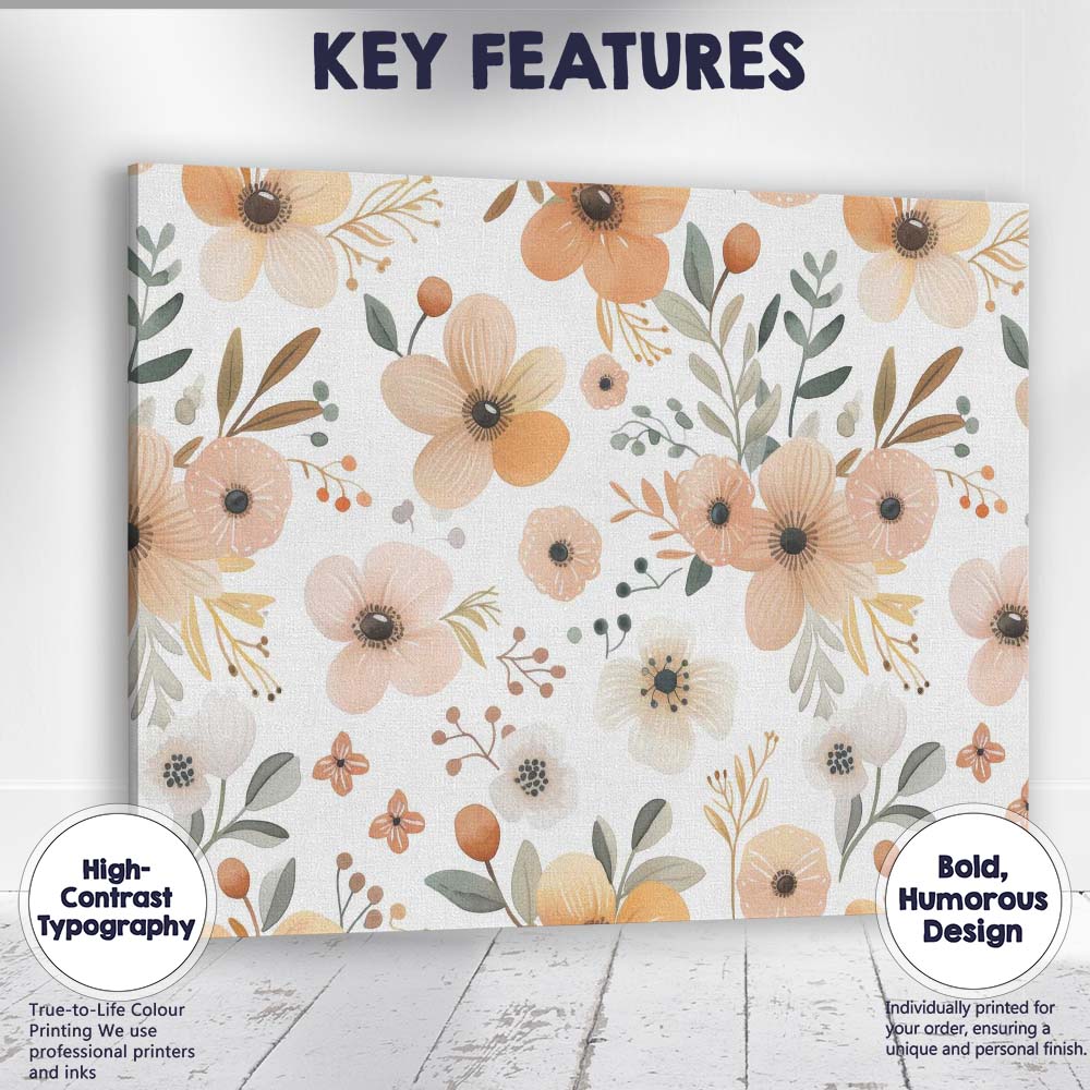 Neutral Watercolour Wildflower Botanical Repeat Pattern Canvas Wall Art Print Decor Picture Ready to Hang