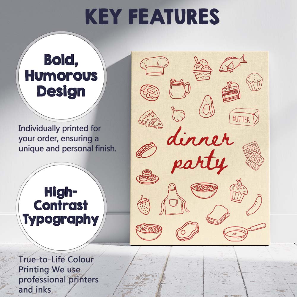 Retro Dinner Party Food Doodle Kitchen Illustration Canvas Wall Art Print Decor Picture Ready to Hang