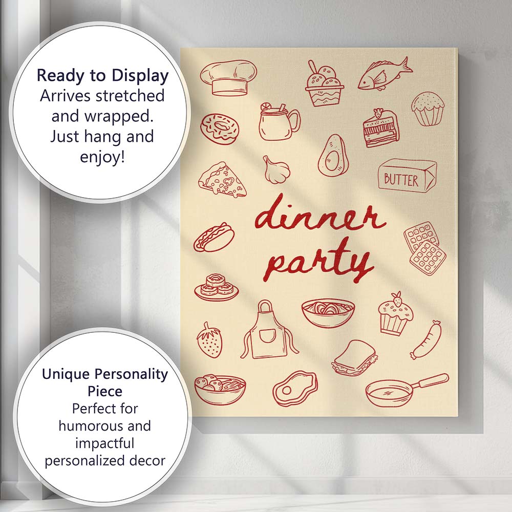 Retro Dinner Party Food Doodle Kitchen Illustration Canvas Wall Art Print Decor Picture Ready to Hang