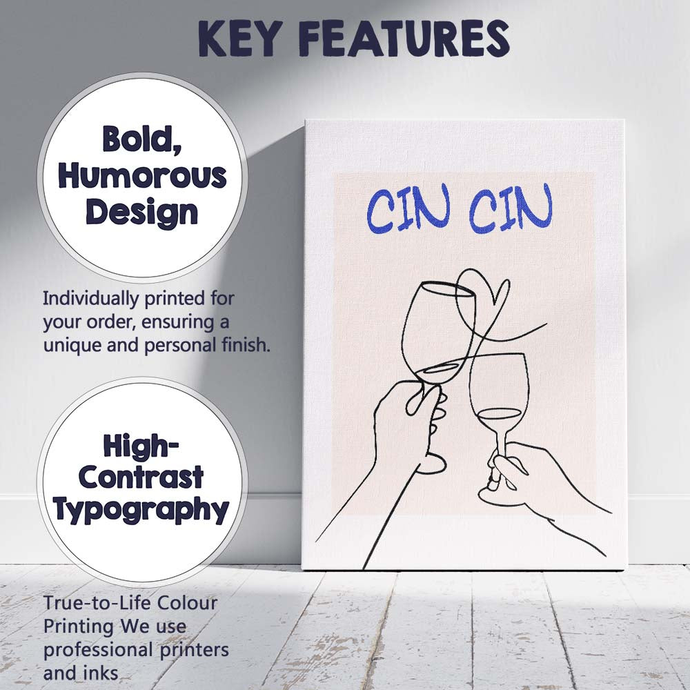Minimalist Cin Cin Wine Toast Line Art Poster Canvas Wall Art Print Decor Picture Ready to Hang