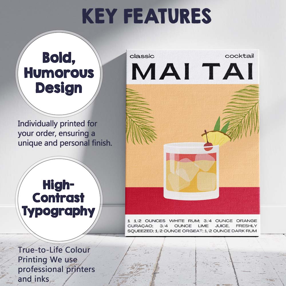 Classic Mai Tai Cocktail Recipe Kitchen Poster Canvas Wall Art Print Decor Picture Ready to Hang