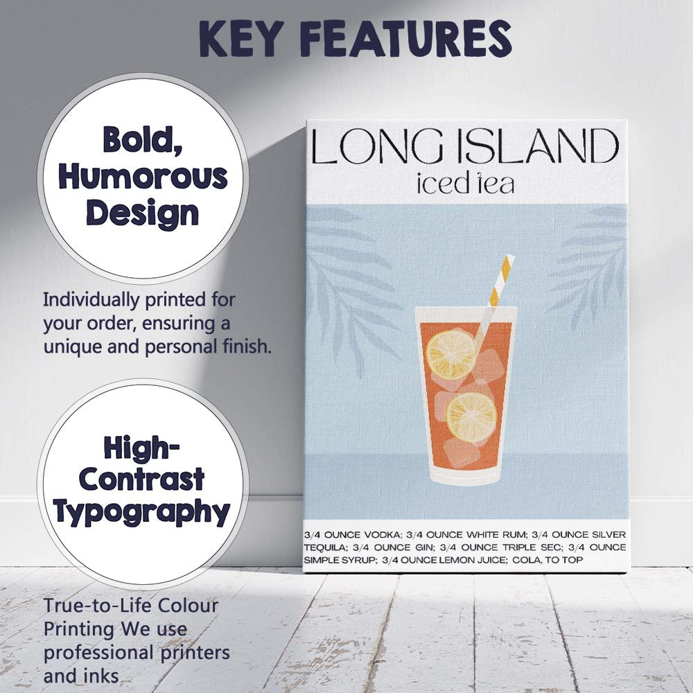 Long Island Iced Tea Cocktail Recipe Illustration Canvas Wall Art Print Decor Picture Ready to Hang