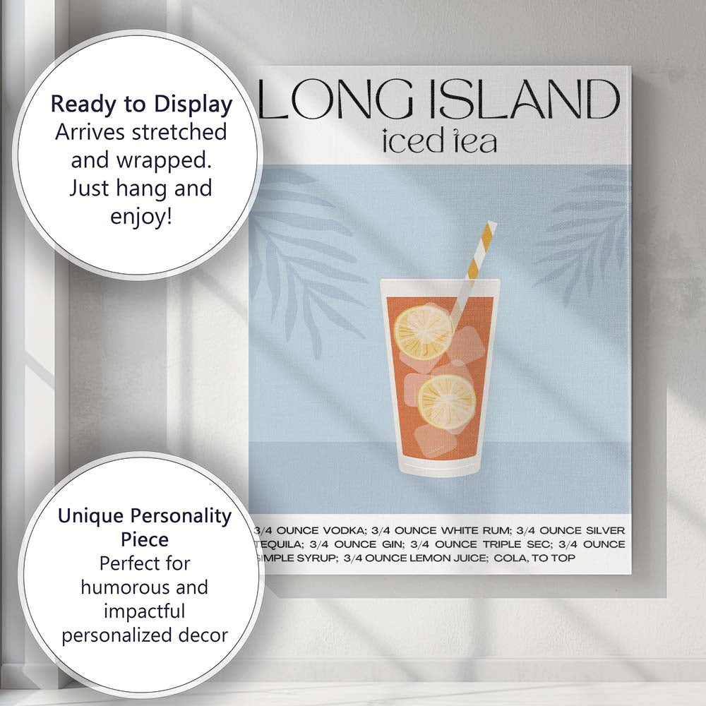 Long Island Iced Tea Cocktail Recipe Illustration Canvas Wall Art Print Decor Picture Ready to Hang