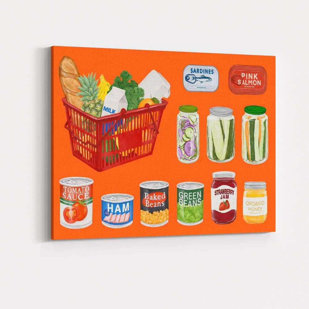 Retro Grocery Pantry Food Collection Illustration Canvas Wall Art Print Decor Picture Ready to Hang