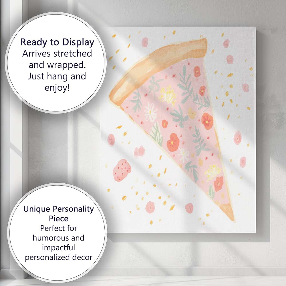 Pastel Floral Pizza Slice Whimsical Food Illustration Canvas Wall Art Print Decor Picture Ready to Hang