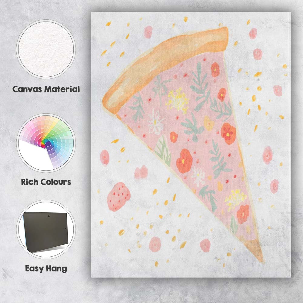 Pastel Floral Pizza Slice Whimsical Food Illustration Canvas Wall Art Print Decor Picture Ready to Hang