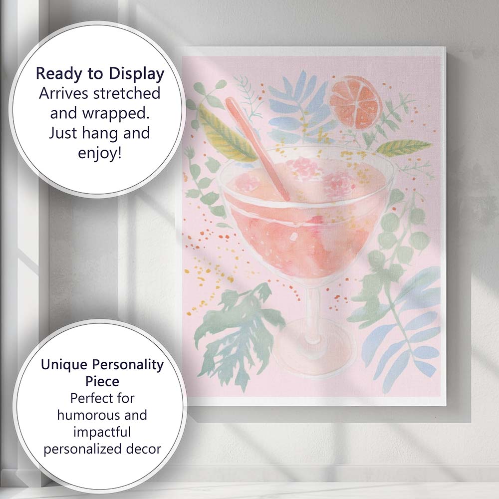 Botanical Pink Citrus Cocktail Watercolour Painting Canvas Wall Art Print Decor Picture Ready to Hang