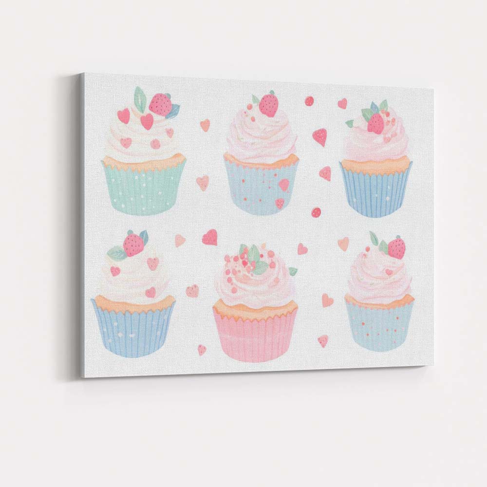 Pastel Strawberry Cupcake Collection Sweet Dessert Illustration Canvas Wall Art Print Decor Picture Ready to Hang