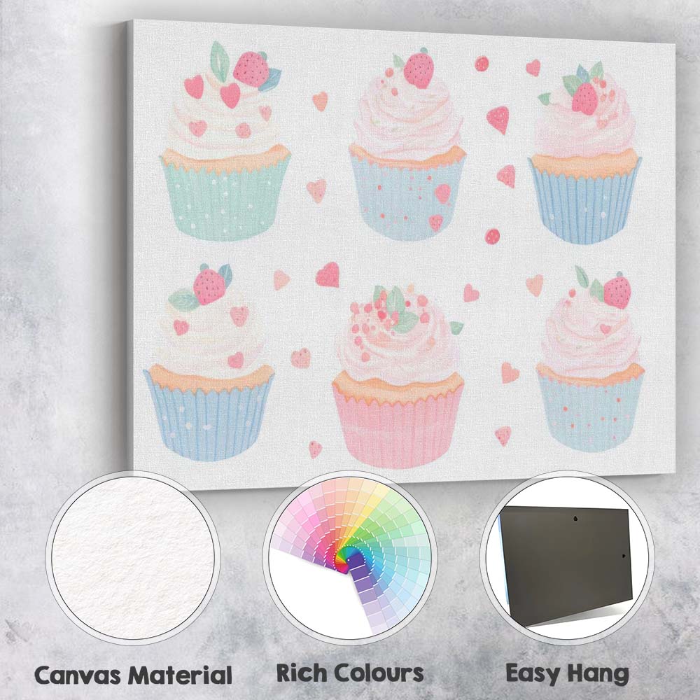 Pastel Strawberry Cupcake Collection Sweet Dessert Illustration Canvas Wall Art Print Decor Picture Ready to Hang