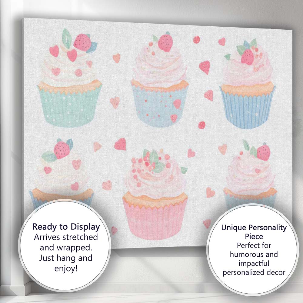 Pastel Strawberry Cupcake Collection Sweet Dessert Illustration Canvas Wall Art Print Decor Picture Ready to Hang