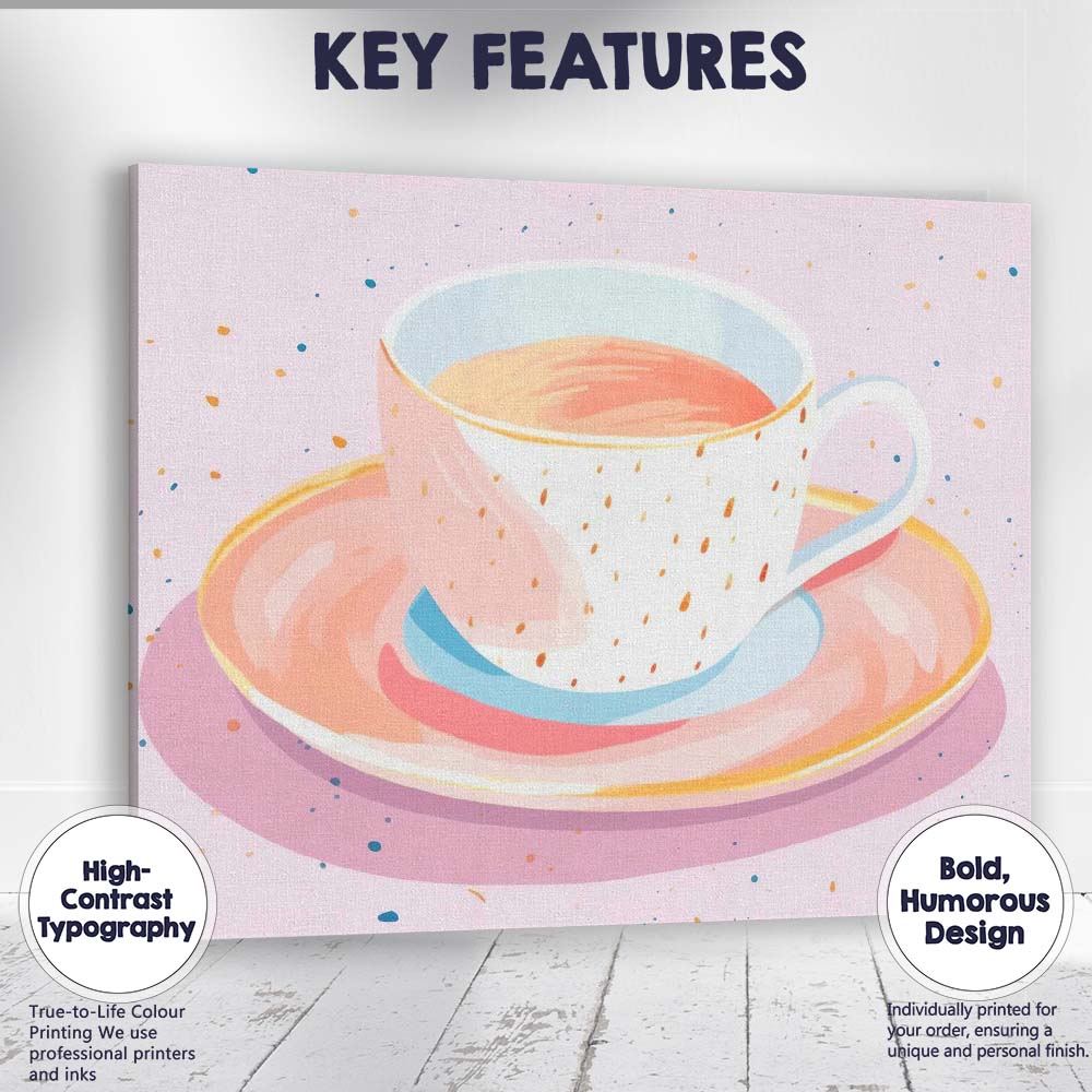 Elegant Pink Tea Cup Watercolour Illustration Canvas Wall Art Print Decor Picture Ready to Hang