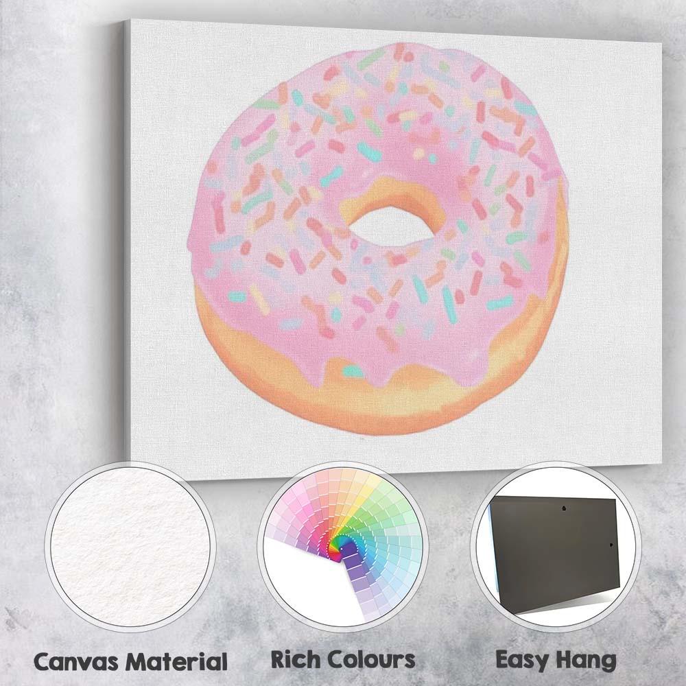 Pastel Pink Sprinkles Doughnut Sweet Bakery Illustration Canvas Wall Art Print Decor Picture Ready to Hang