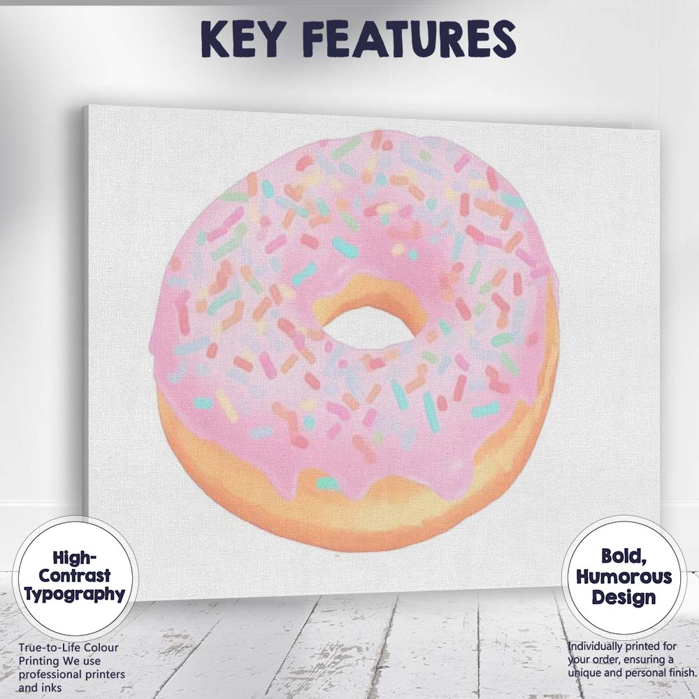 Pastel Pink Sprinkles Doughnut Sweet Bakery Illustration Canvas Wall Art Print Decor Picture Ready to Hang