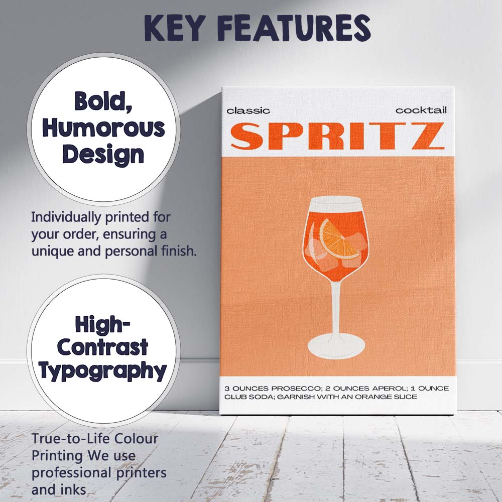 Classic Spritz Cocktail Recipe Minimalist Poster Canvas Wall Art Print Decor Picture Ready to Hang
