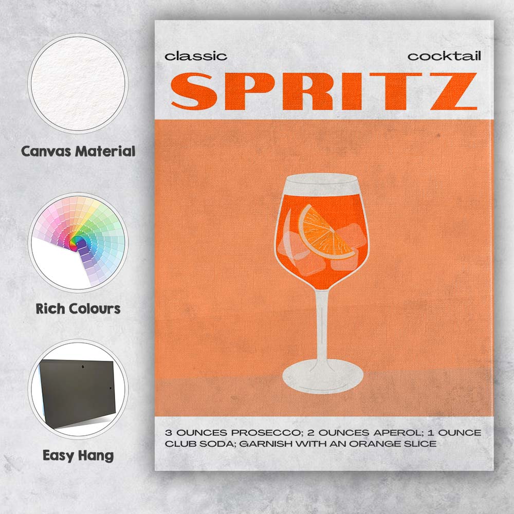 Classic Spritz Cocktail Recipe Minimalist Poster Canvas Wall Art Print Decor Picture Ready to Hang