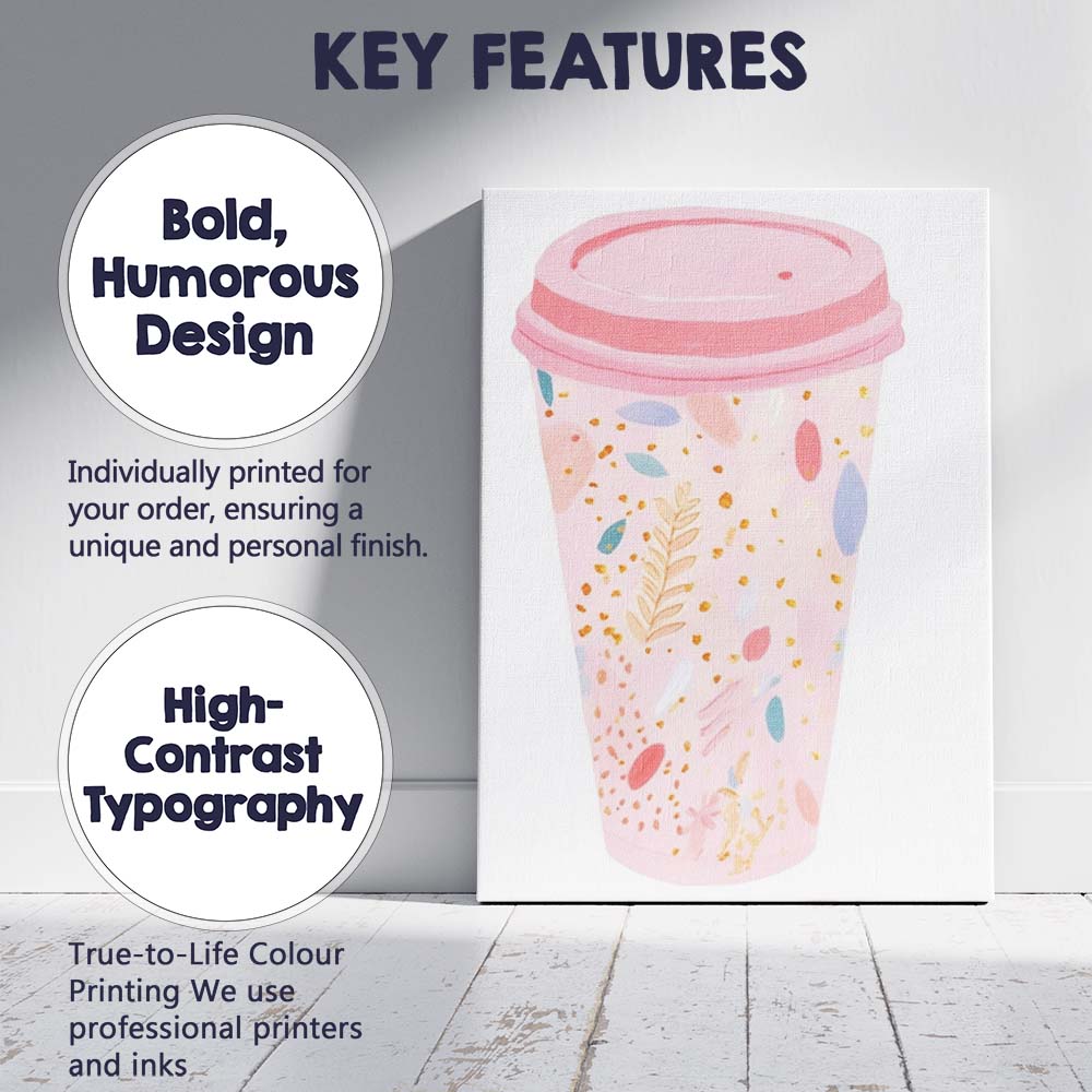 Pink Botanical Reusable Coffee Cup Watercolour Illustration Canvas Wall Art Print Decor Picture Ready to Hang