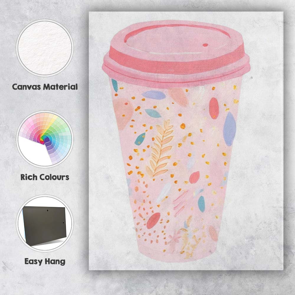 Pink Botanical Reusable Coffee Cup Watercolour Illustration Canvas Wall Art Print Decor Picture Ready to Hang